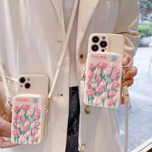 NWT iPhone 15 Plus Cream 3D Tulip Zip Pocket Crossbody Phone Case Purse